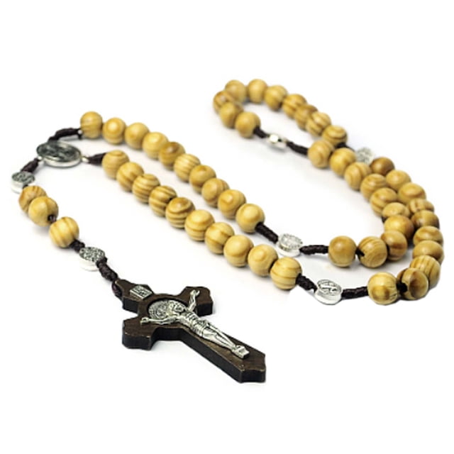 Joyería Católica CatholicDivin03 1Pza 45cm 5.3x3.1cm Cruz Cuentas 10mm Madera Amarillo.