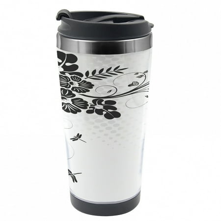 

Dragonfly Travel Mug Fern Plants Floral Steel Thermal Cup 16 oz by Ambesonne