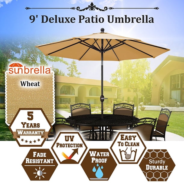 Sunrise 9 Outdoor Table 8 Aluminum Ribs Patio Umbrella With Auto Tilt And Crank Sunbrella Cover Wheat Walmart Com Walmart Com