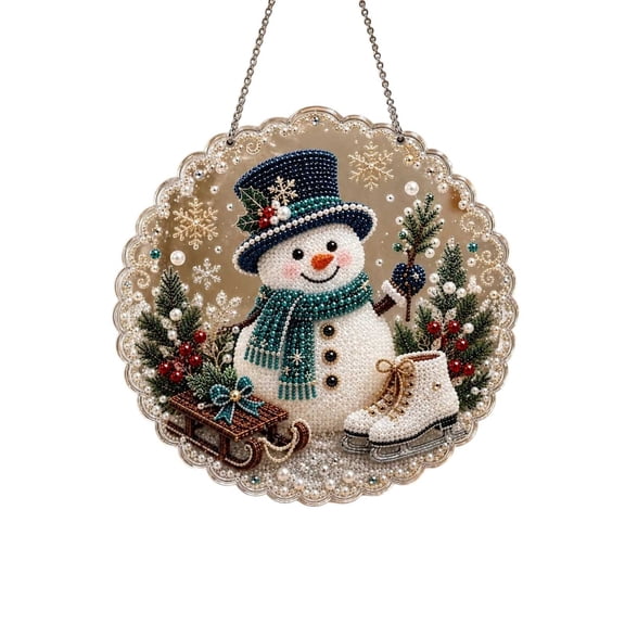 Christmas DIY Diamond Art Suncatcher Kit, 7.87 Inch Pearl Bead Painting Craft with Acrylic Round Board, 3D Mixed Size Pearl Beads Hanging Window Wall Decor (Ice Skate Snowman)