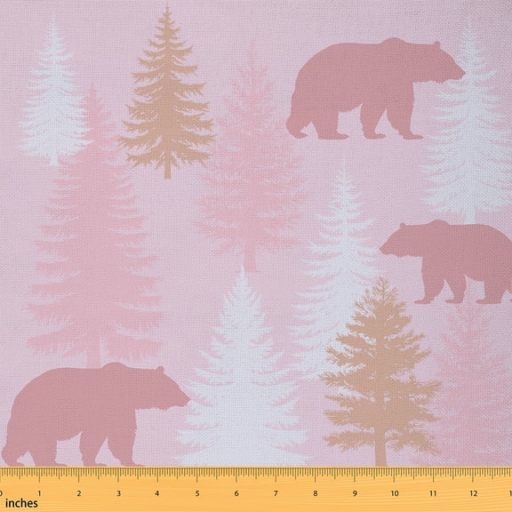 Homewish Jungle Bear Animal Fabric by the Yard 2 Yards for Teens, Pink Tree Print Sewing Fabric, Rustic Farmhouse Fabric for Sewing, Microfiber Bedroom Decor