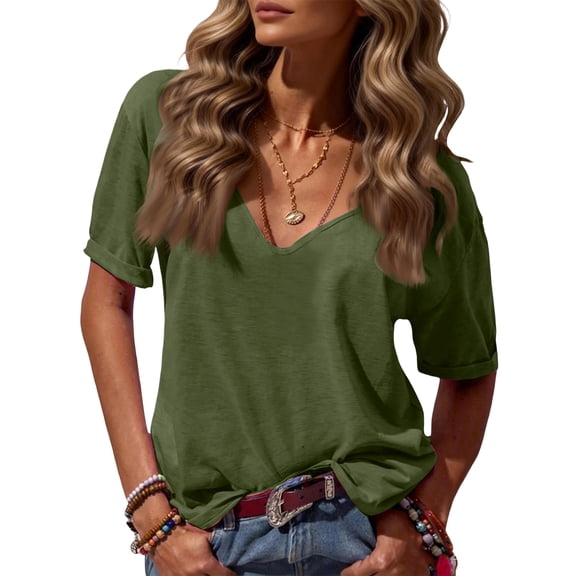 Women’s Deep V Neck Short Sleeve Loose Fit Casual Top Soft Lightweight Relaxed Fit Tee for Daily Wear Office Travel School Army Green L