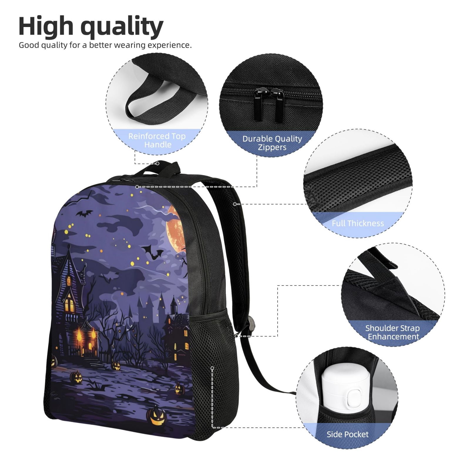 Xecao Mystery House Halloween Night Print School Backpack with Laptop Compartment Small Travel Laptop Backpack for Women Men Waterproof College Backpack Simple School Bag