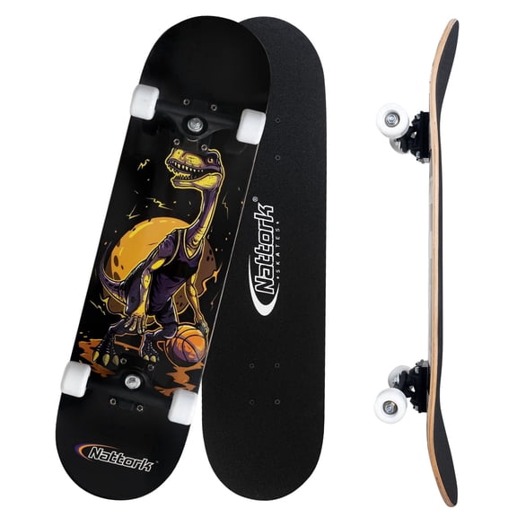 31 Inch Complete Skateboard with PU Wheels, Wood 9 Layer Canadian Maple Trick Board for Boys Girls Youth Teens Gift for Beginners Dinosaur(Gen 2)