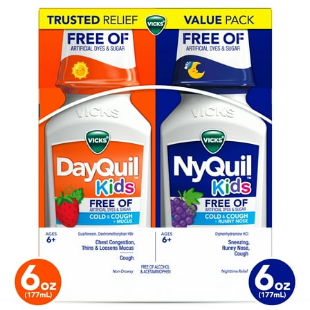 Vicks DayQuil and NyQuil Kids Cold Cough Syrup, Childrens Cold Medicine, No Artificial Dyes, 2x6 Fl oz