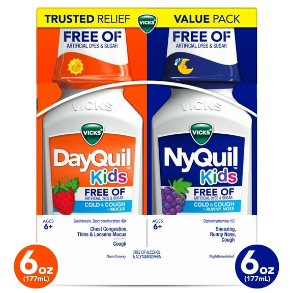 Vicks DayQuil and NyQuil Kids Cold Cough Syrup, Childrens Cold Medicine, No Artificial Dyes, 2x6 Fl oz