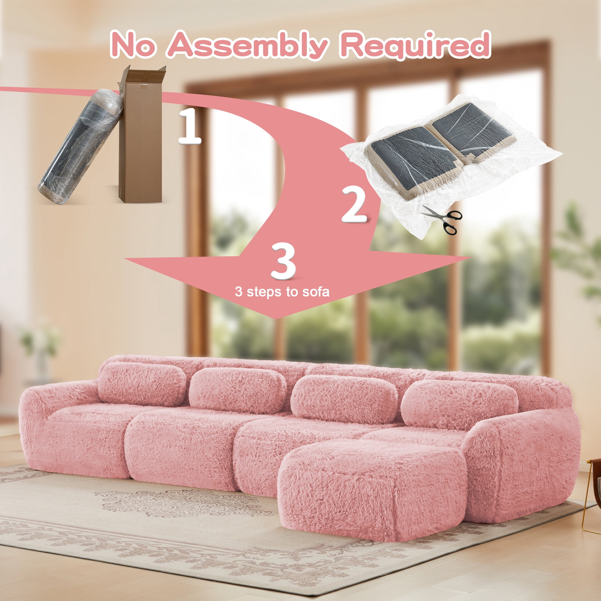 AISWORD 149" 4-Seat L-shaped Modular Cloud Sectional Sofa with 1 Ottoman, Anti-Slip Deep Seat Cloud Sofa, Ready to Use Premium Plush Fabric Boneless Sofa with 32D High-Density Foam&Anti-Slip Bottom