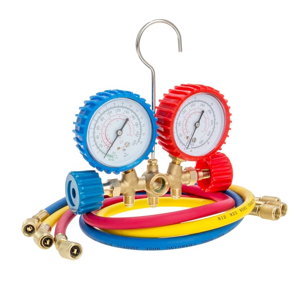 HVAC Manifold Gauge, Car Refrigerant Recharge Leak Double Meter, Air Conditioning Fluorine Adding Tool W/ 1/4 Connectors 3-Color 35" Hose Support 500psi Working Pressure