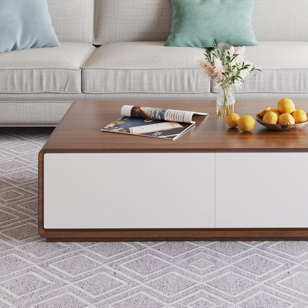 POVISON Modern Rectangular Coffee Table, Wood Coffee Table with Storage, 4 Solid Wood Drawers, Fully-Assembled, 51", Walnut White