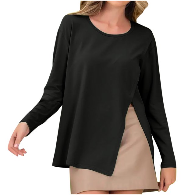 Tumotour Long Sleeve Shirts for Women Crewneck Loose Trendy Front Split Pullover Blouses Solid Lightweight Casual T-Shirts Spring Basic tops Clothes Comfy Fall Fashion Outfits 2025