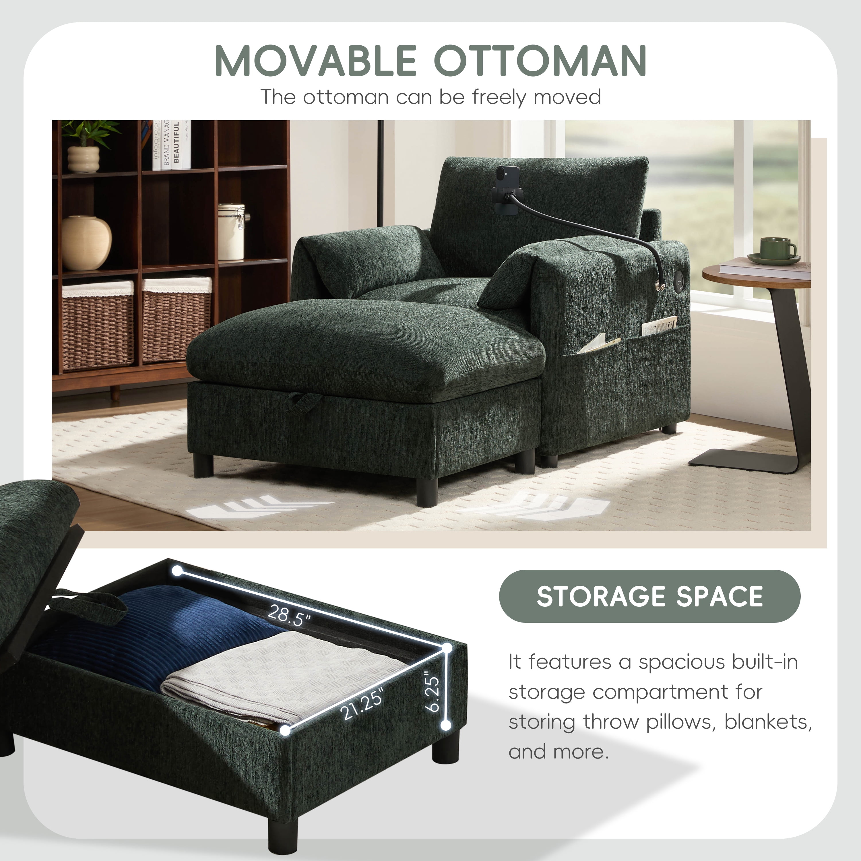 Accent Chair, Single Sofa, Chaise Lounge with Oversized Storage Ottoman and Adjustable Phone Holder, Chenille Armchair with Pillow Armrests and Side Pockets, for Living Room, Green