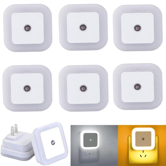 Square Light-Controlled Night Light, Dusk to Dawn LED Night Lamp Sensor Smart Nightlight, Space-Saving Non-Blocking Outlet 3000K Warm White for Hallway Bathroom Bedroom Stairs Kitchen (6 Pack)