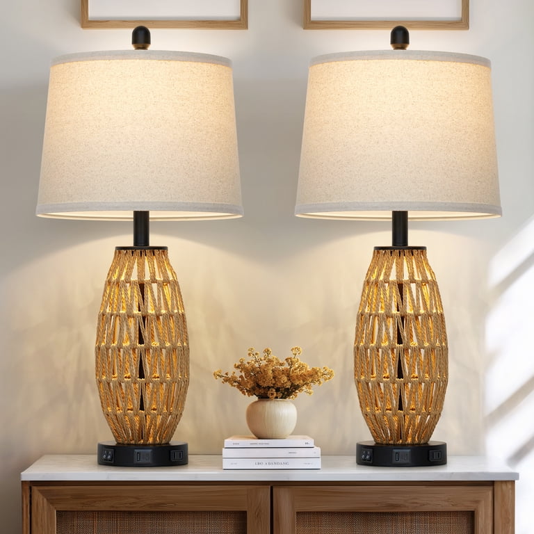 Cinkeda 27-Inch Rattan Table Lamp Set of 2 with USB Charging Ports photo 3