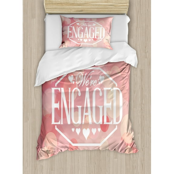 Engagement Party Duvet Cover Set, Engagement Party Cards with Blurry Abstract Circles Art Print, Decorative 2 Piece Bedding Set with 1 Pillow Shams, Twin Size, Salmon Pink and White, by Ambesonne
