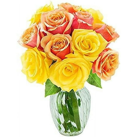 KaBloom : KaBloom : Bouquet of Orange and Yellow Roses (Half Dozon) with Vase, Next-Day Delivery