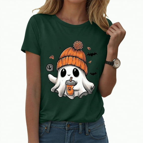 enyan Pumpkin Cute Ghost Graphic Slim-Fit Short-Sleeve Crewneck T-Shirt Regular-Fit Short-Sleeve Crewneck T-Shirt In Fall Funny Halloween Women'sShirts Dark Green,M
