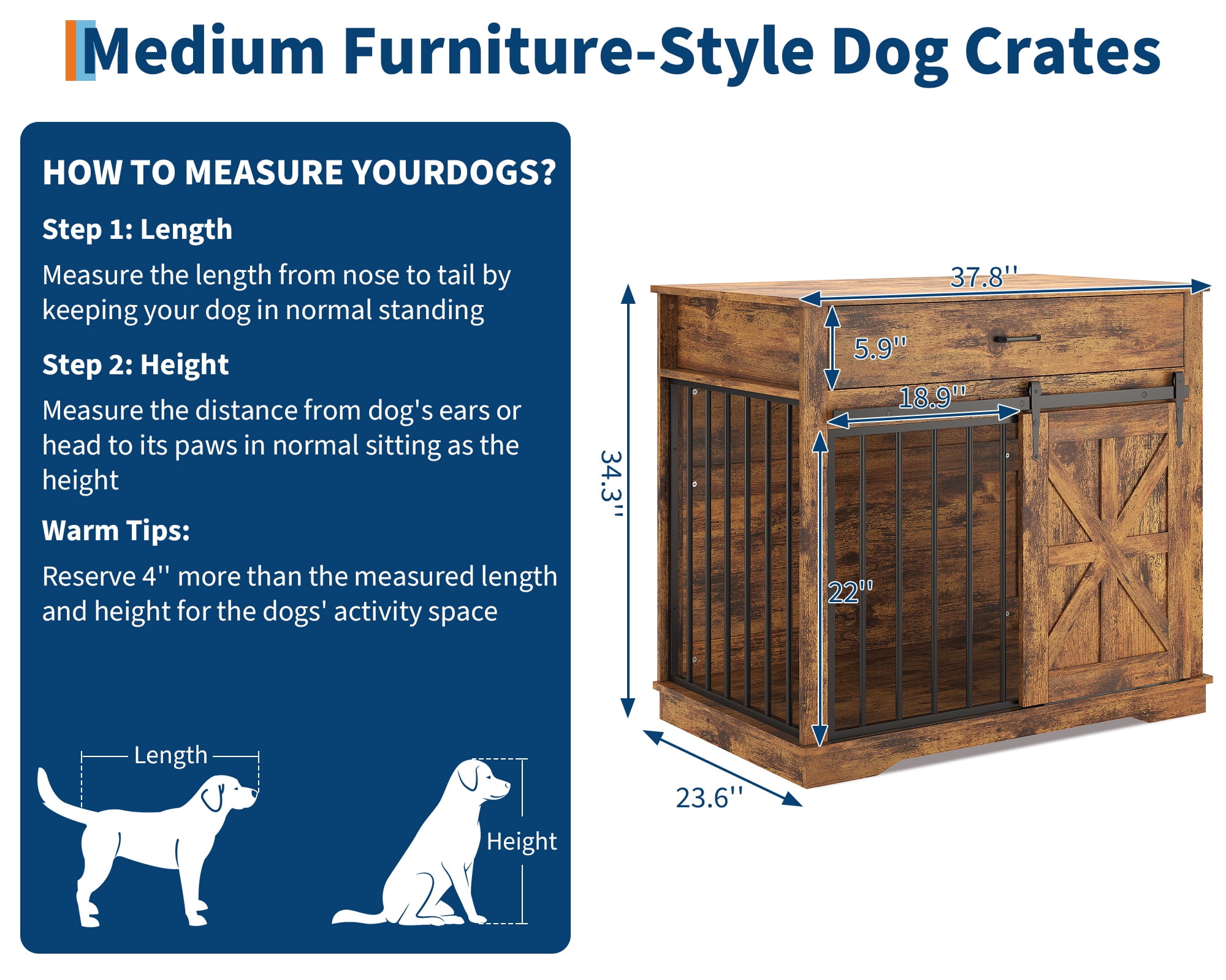 Danolapsi Farmhouse Style 2-in-1 Dog Crate,37.8" Dog Crate Furniture with Sliding Barn Door for Small/Medium Dogs, Dual Function as Side Table with Storage Drawer, 2-in-1 Iron-Wood Fusion Design