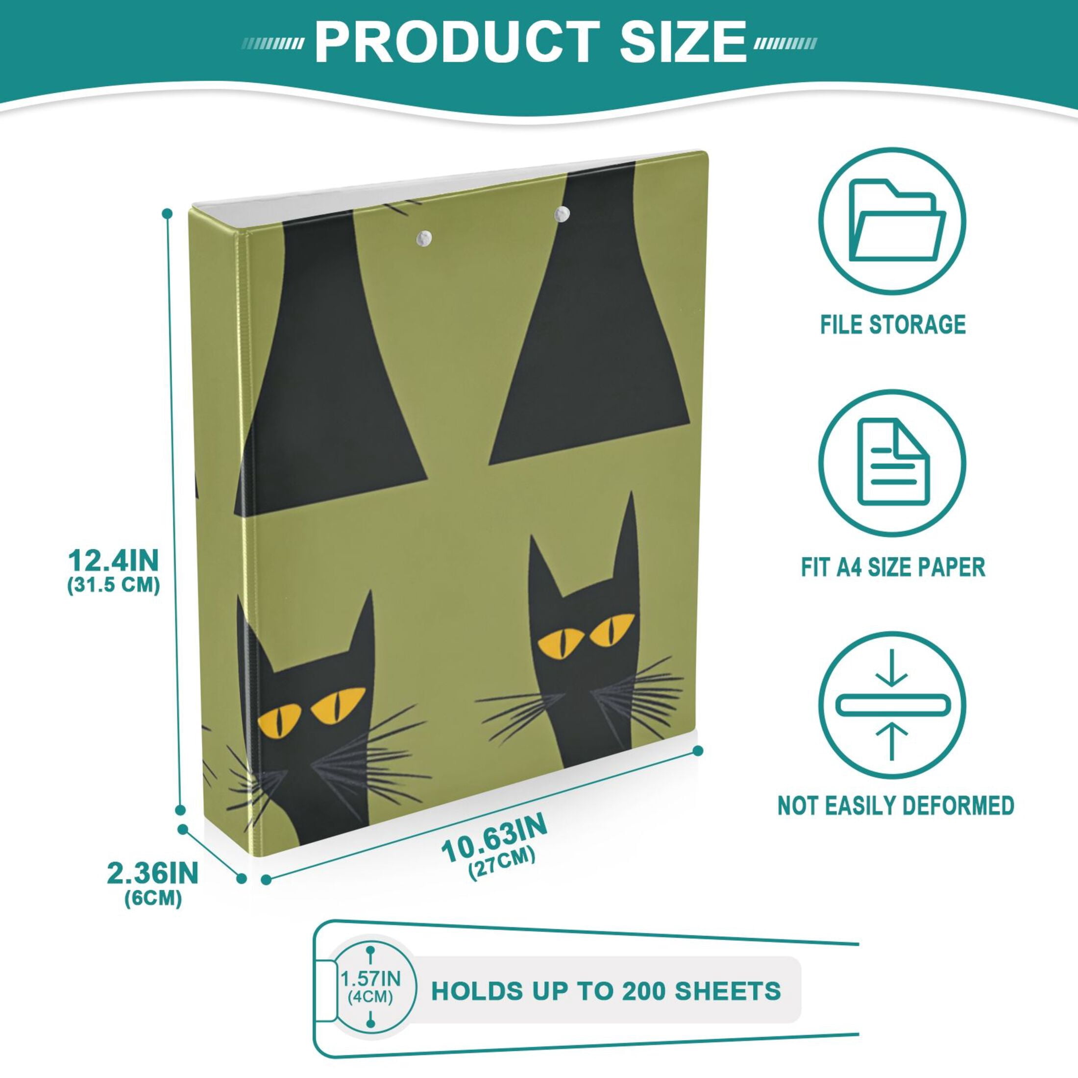 Black Cats and Green 3 Ring Binders 1.5 inch Hardcover File Folders with Interior Pockets A4 Size Organizer for School Office Hospital