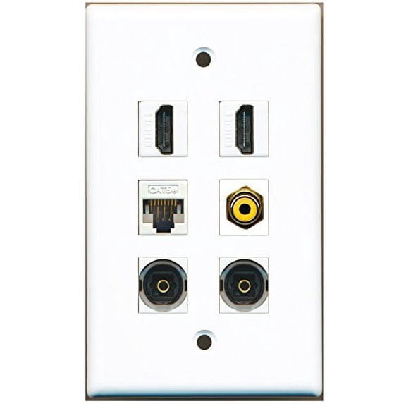 RiteAV - 2 HDMI 1 Port RCA Yellow 2 Port Toslink 1 Port Cat5e Ethernet White Wall Plate