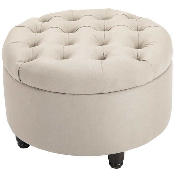 Round Linen Fabric Storage Ottoman Footstool with Removable Lid