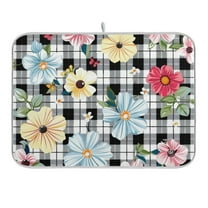 Flowers on Checkered Dish Drying Mat for Kitchen Counter 18x24 In Absorbent Microfiber Reversible Mats Dish Drainer Protector Rack Pad for Coffee Bar Table