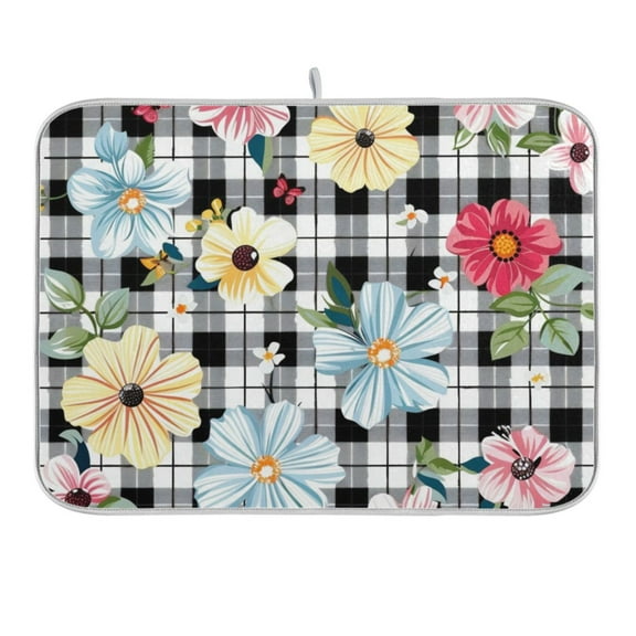 Flowers on Checkered Dish Drying Mat for Kitchen Counter 16x18 In Absorbent Microfiber Reversible Mats Dish Drainer Protector Rack Pad for Coffee Bar Table