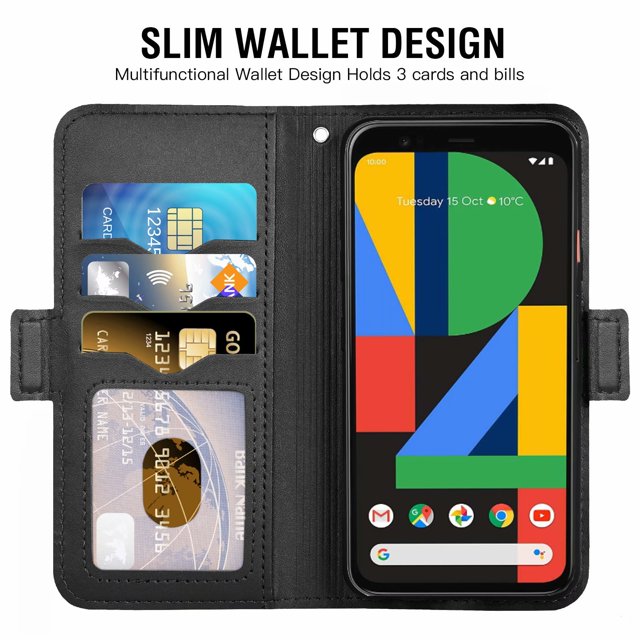 Mobile Phone Cover Pixel 4 3 Card Slots Pocket Leather Protective Cover with Magnetic Closure Black