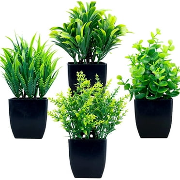 TETOU 4Pcs Fake Plants in Black Pot, Mini Artificial Eucalyptus Potted Plant Small Faux Grass Greenery Potted Plants for Indoor Home Office Farmhouse Bathroom Table Decoration
