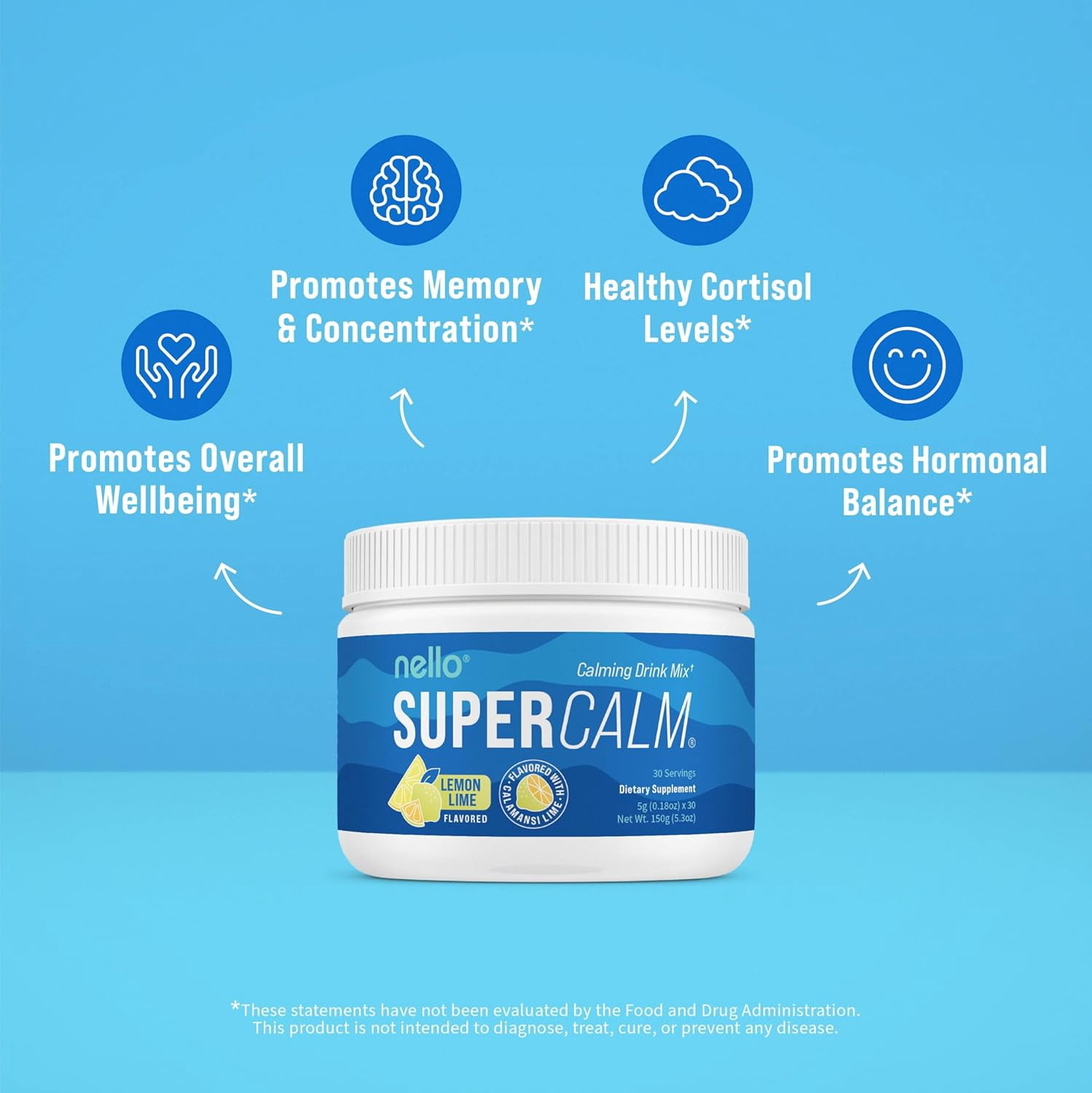 Nello Supercalm Drink Mix - Ashwagandha KSM 66, Magnesium Glycinate & L-Theanine Supplement - Ashwagandha Root Extract - Focus and Relaxation Support (30 Serving Tub) - Lemon Lime