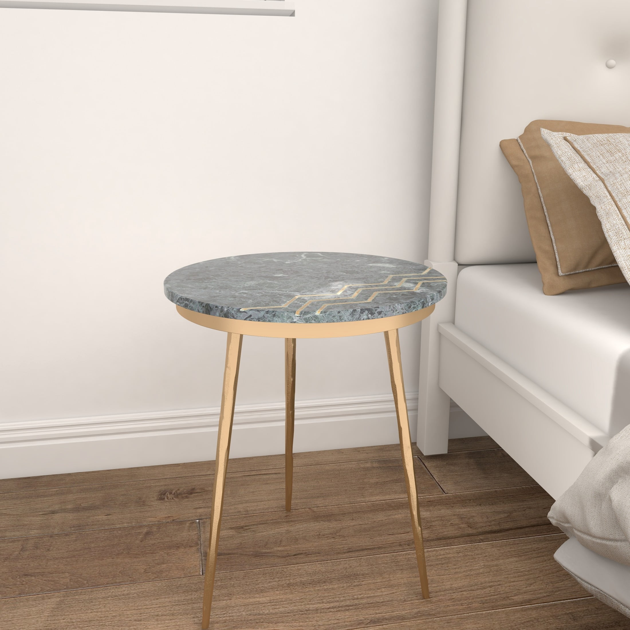 DecMode 16" x 20" Green Marble Accent Table with Gold Metal Tripod Legs and Zig-Zag Detail, 1-Piece