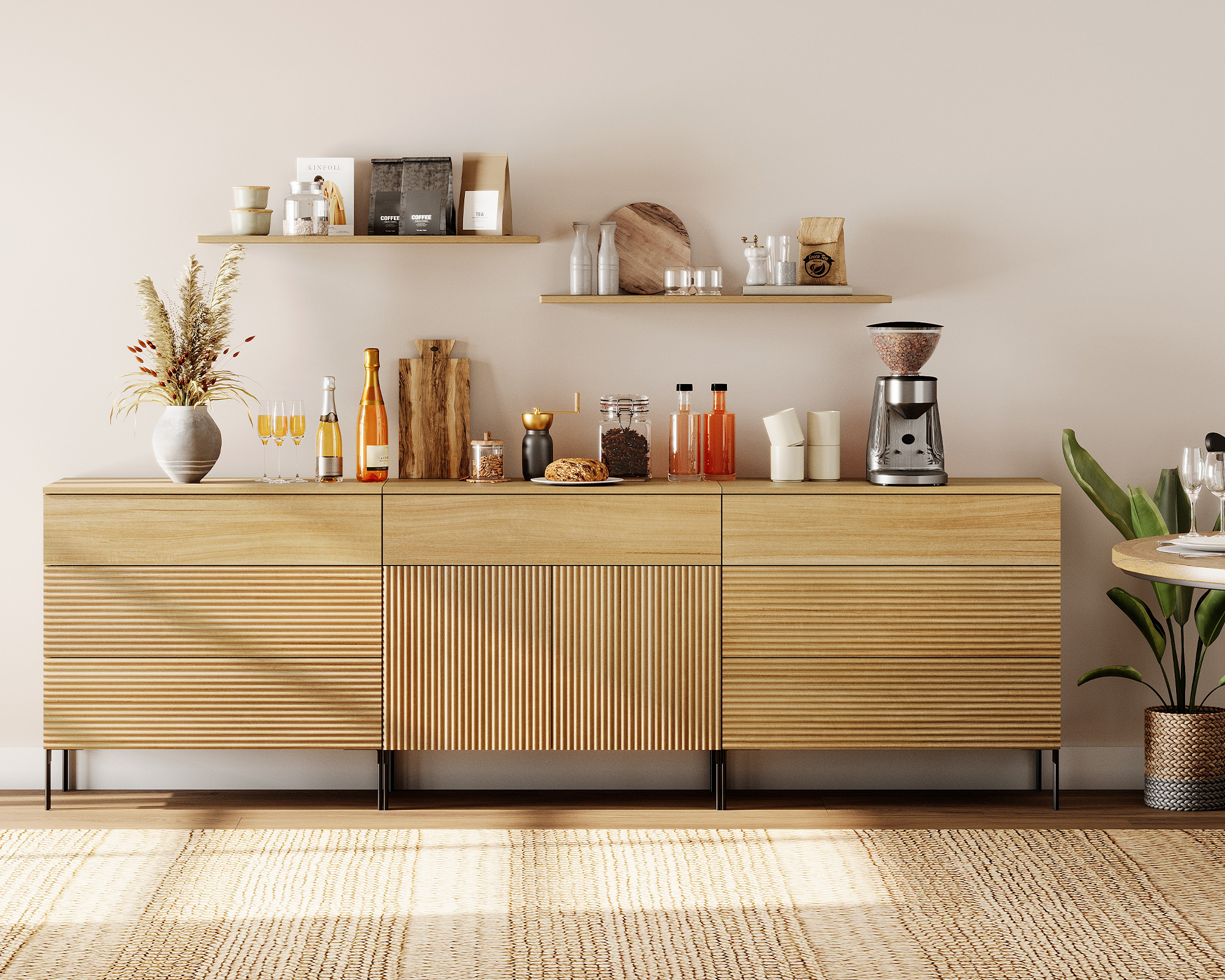 94.5" Modern Reeded Minimalist Sideboard with Drawers and Doors, 3-In-1 Wooden Credenza Storage Cabinet for Kitchen, Dining Room