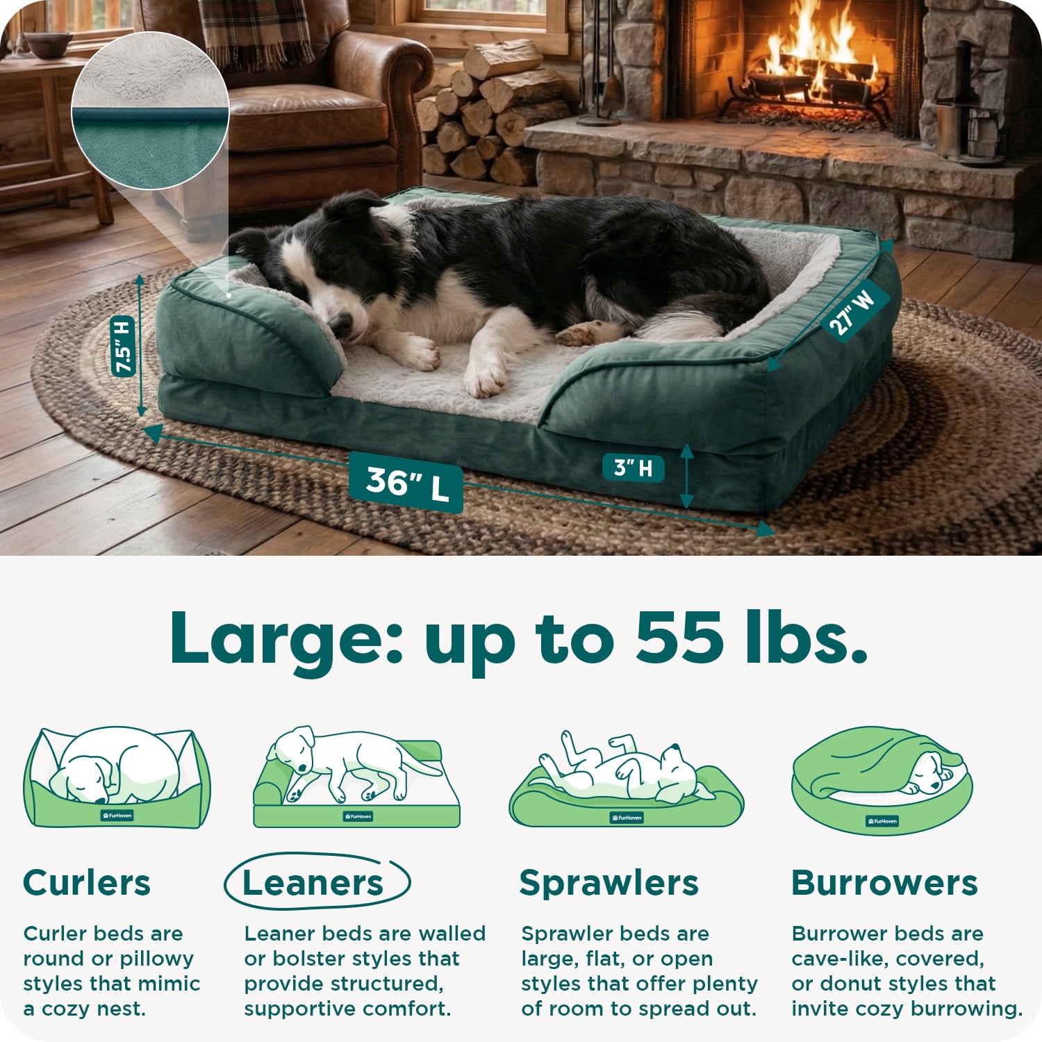 FurHaven Orthopedic Dog Bed for Large Dogs, Perfect Comfort Sofa, Egg Crate with a Solid Orthopedic Foam Base for Joint Support, Removable, Washable Cover, Large, Plush & Velvet, Celadon Green