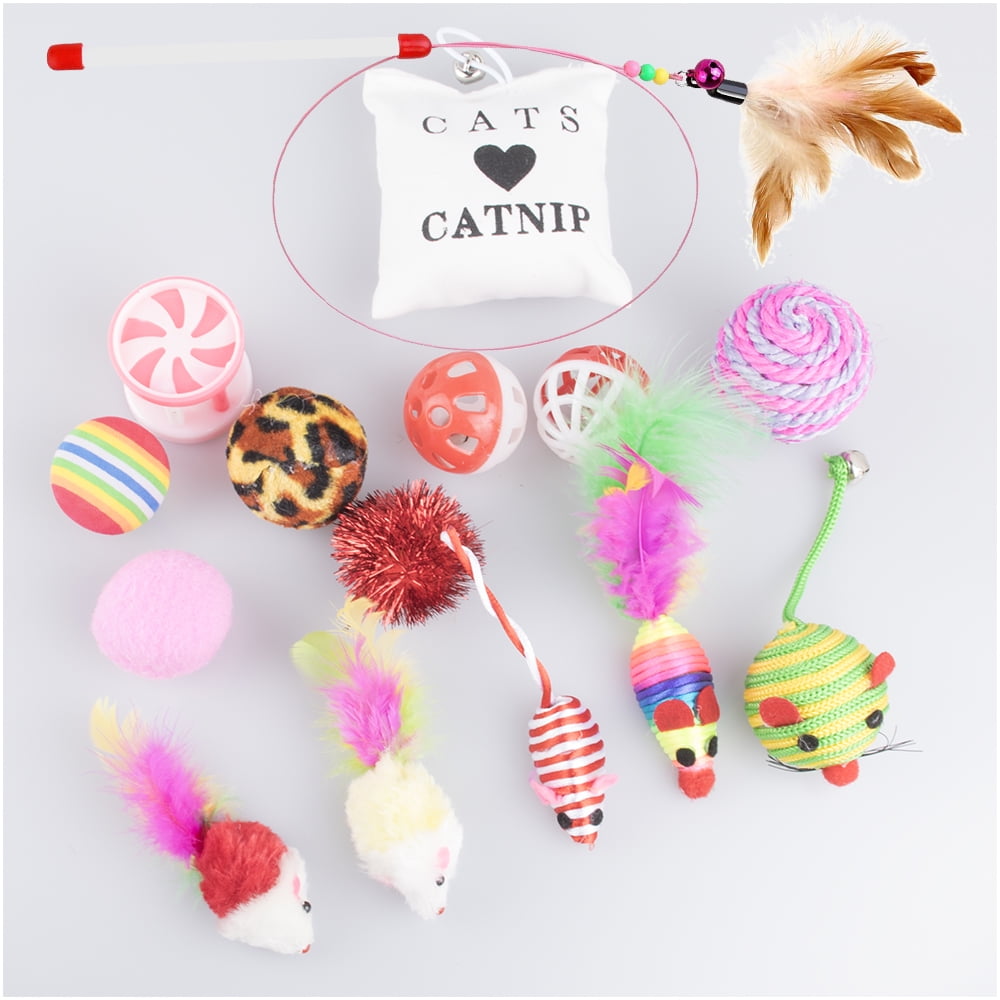 GLiving 16Pcs Cat Toys Kitten Catnip Toys Assorted, Interactive Feather Teaser, Fluffy Mouse