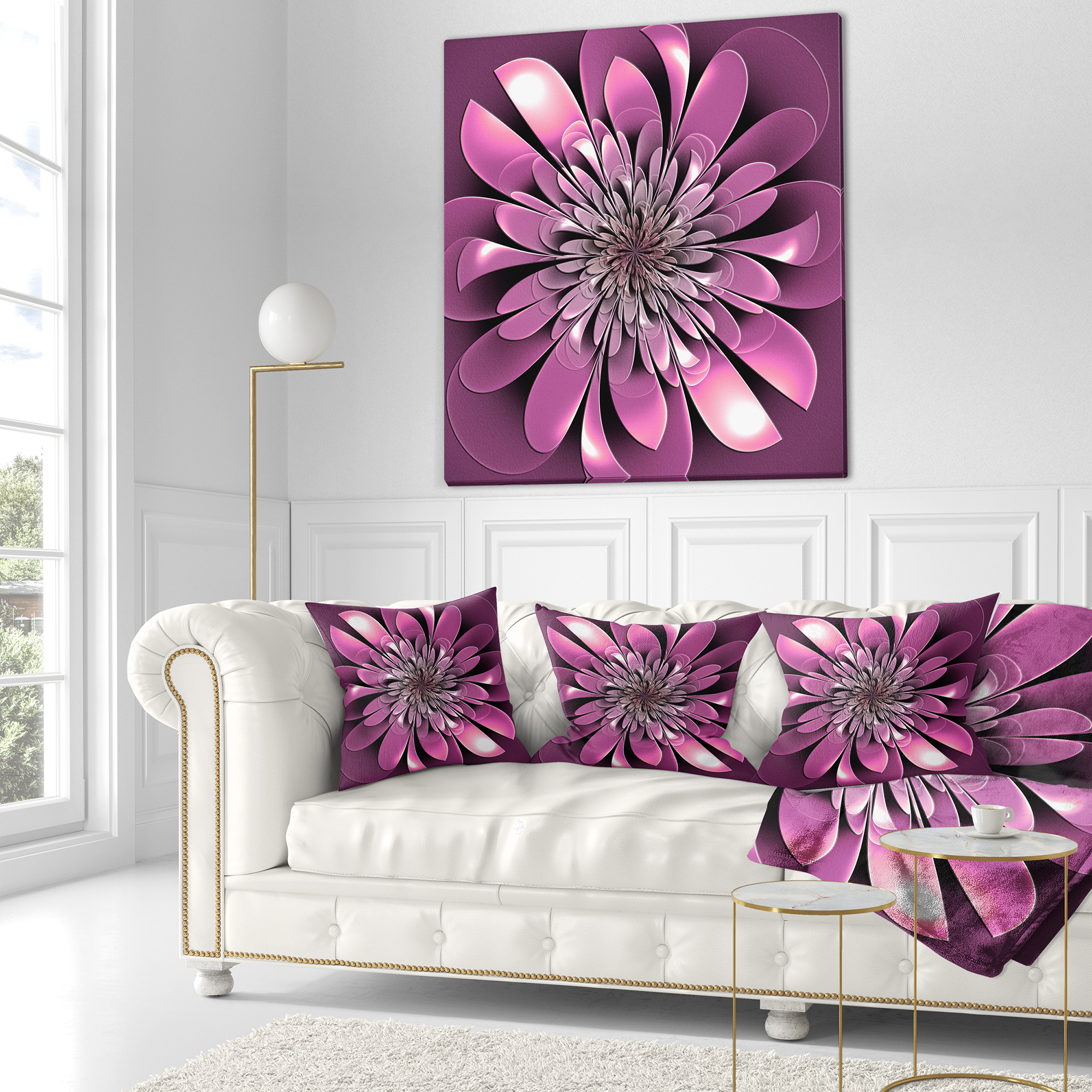Designart Glittering Lush Purple Fractal Flower - Floral Throw Pillow - 18x18