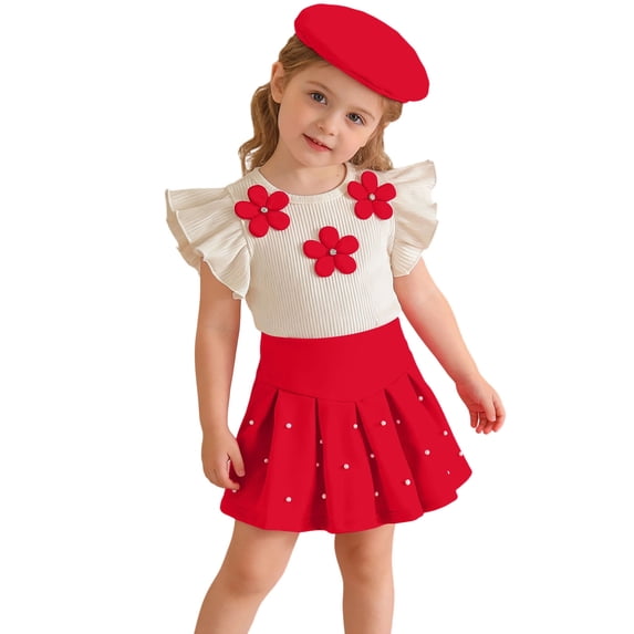 Agkizg Toddler Girls Clothing Set 3 Piece Set Sleeveless Floral Top Skirt Hat Set