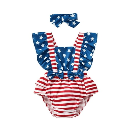 

Imcute Baby Girl 4th of July Romper Dress Ruffle American Flag Tutu Bodysuit Headband First Independence Day Outfit Red