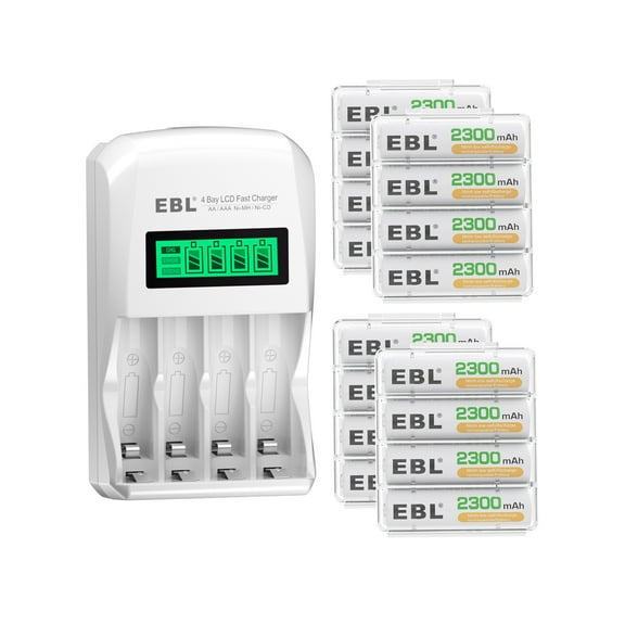EBL Rechargeable AA Batteries with LCD Battery Charger, 16 Pack of 2300mAh High Capacity Ni-MH AA Rechargeable Battery and Smart Independent Solt Battery Charger