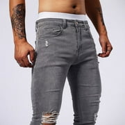 Isvgxsz New Trousers for Men Fashion Comfort Waist Skinny Pants Men Solid Lightweight Long Pants Pocket Button Ripped Hole High Waist Plus Size Jeans Gray M
