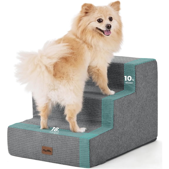 Grey 3-Step Extra Wide 35D Foam Pet Stairs - 40lbs Capacity, Non-Slip Bottom for Small Dogs/Cats (Beds/Couches/Chairs)