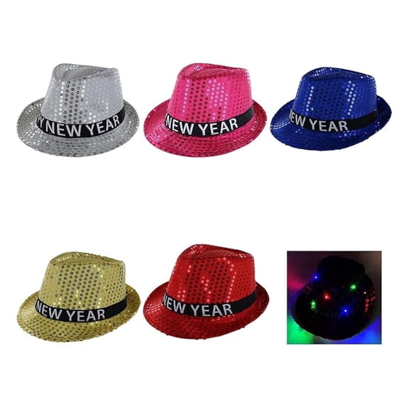 Pack of 12 Happy New Years Eve Theme Party Favor Glitter Fedora Hats with LED Colorful Lights