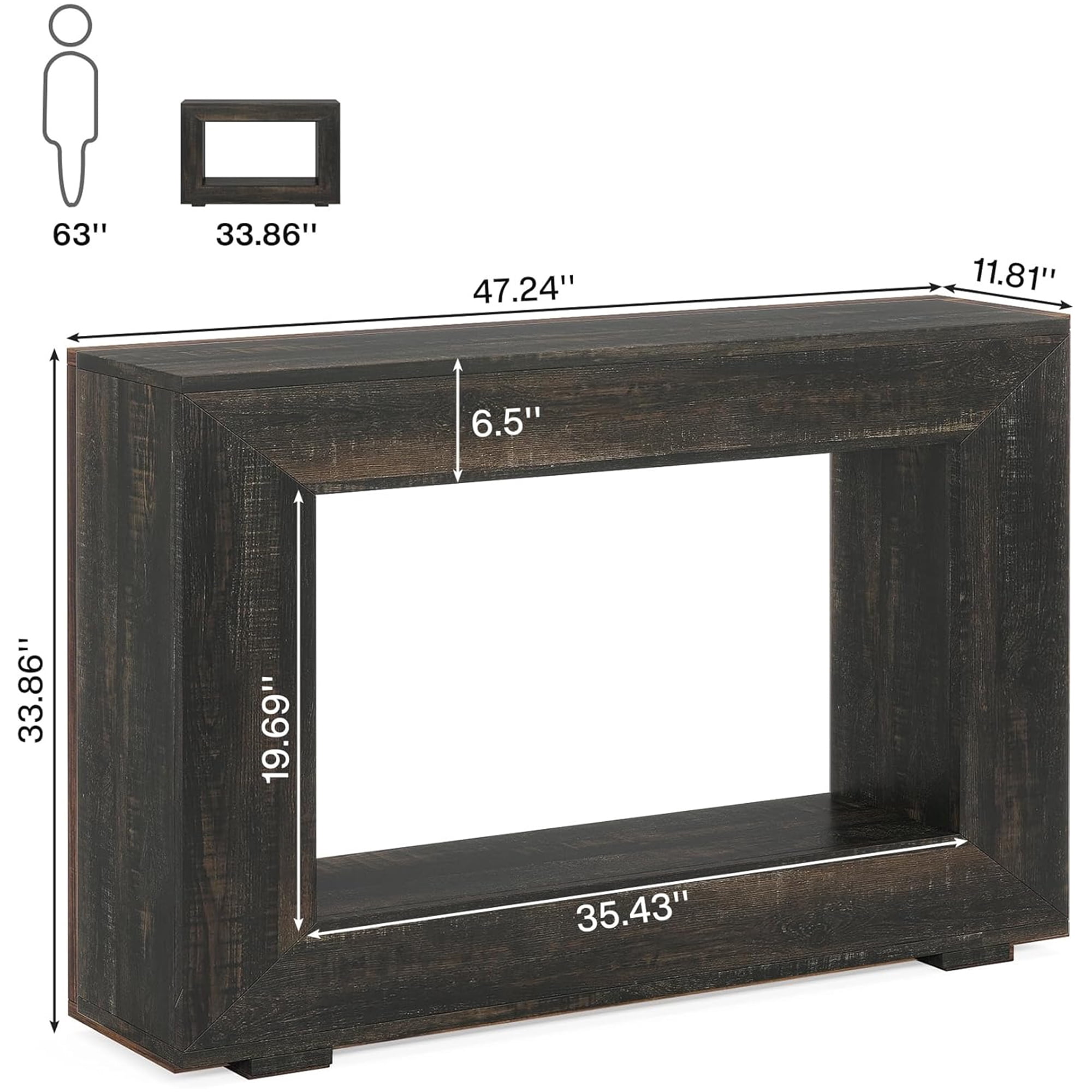 47" Farmhouse Industrial Console Table, Storage Entryway Table For Living Room, Foyer & Entrance With Wood Grain Finish (Black)