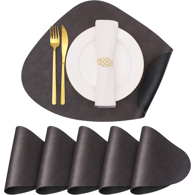 Round Placemats Set of 6 Faux Leather Place Mats Double-Sided Anti Slip Wipeable Washable Reversible Table Mats for Kitchen Dining Christmas Table Home Decorations(Brown Black)
