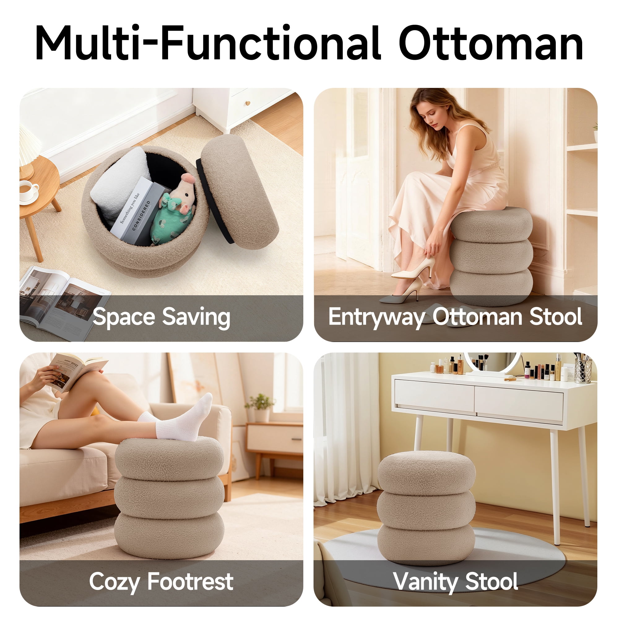 Korser Round Ottoman with Storage Set of 2,Upholstered Teddy Vanity Stool for Living Room,Bedroom,Khaki