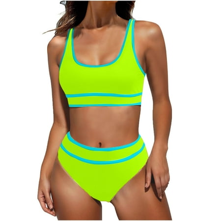Hauiodp Swimsuits for Women 2024 Women s Bikini Sets High Waisted Two Piece Swimsuits Sporty Color Block Cheeky High Cut Bathing Suits