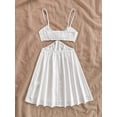 thumbnail image 2 of White Womens Hollowed Waist V-Neck Strappy Mini Sundress With Scallop Trim, 2 of 6