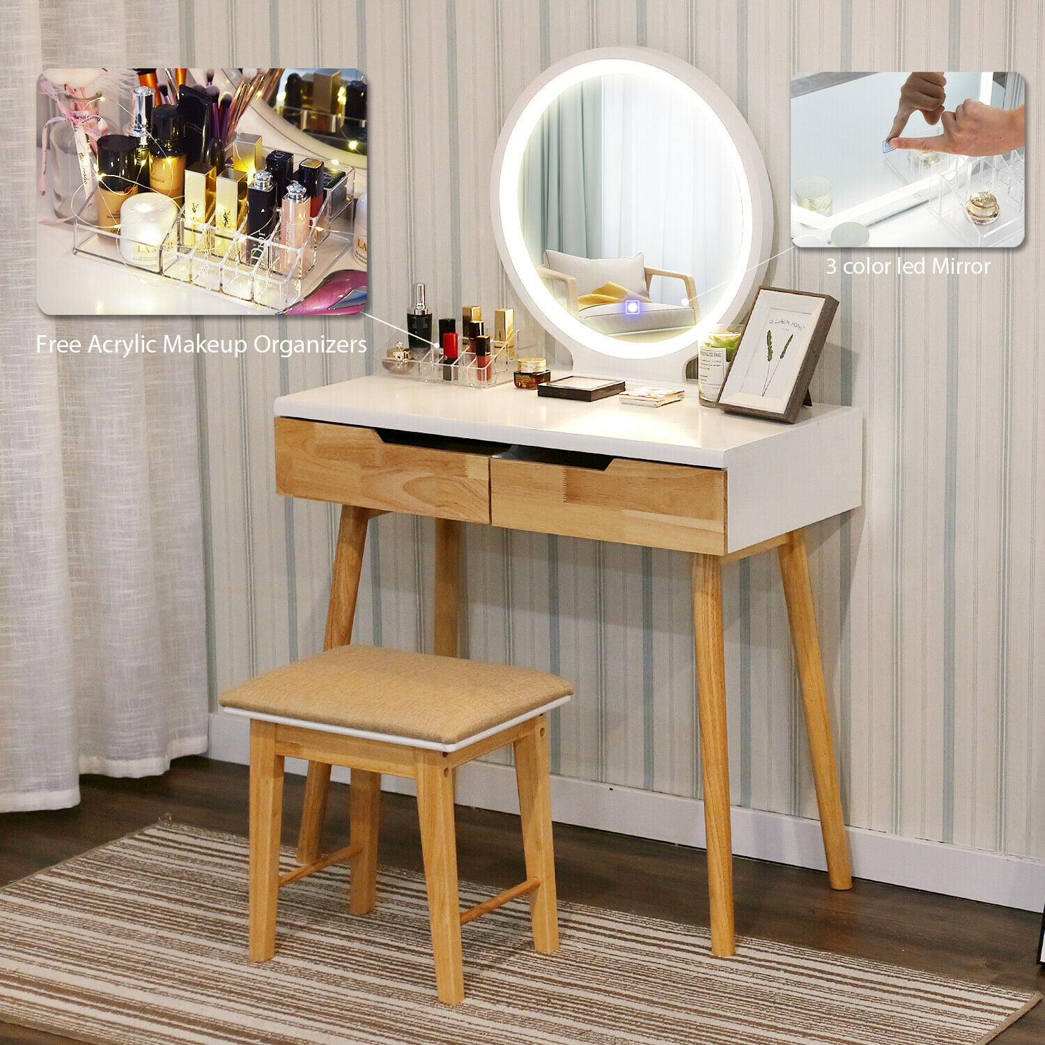 Round mirror Girl Vanity Makeup Table Set Desk W/wood legs Upholstered Stool