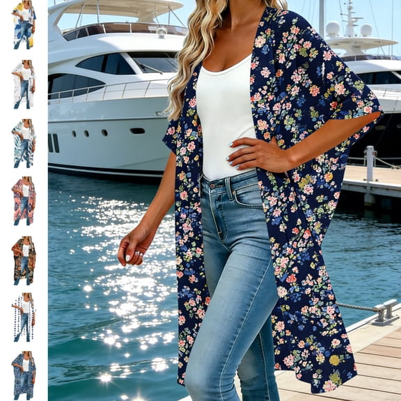 Maqroz Womens Plus Size Kimono Cardigan Short Sleeve Beach Cover Up Loose Open Front Duster Lightweight Summer Swimwear Tops