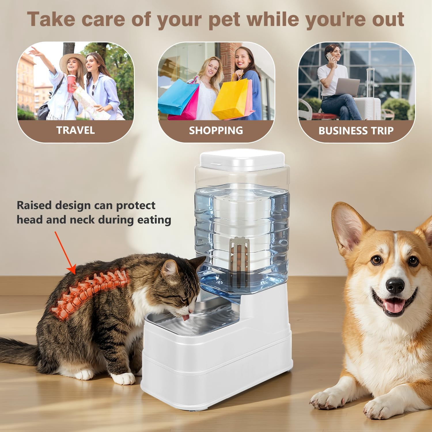 1.6 Gallon Pet Automatic Dog Water Dispenser Cat Gravity Waterer Feeder with Stainless Steel Bowl Large Capacity Puppy Feeding Raised Bowls with Filter,Ice Pack