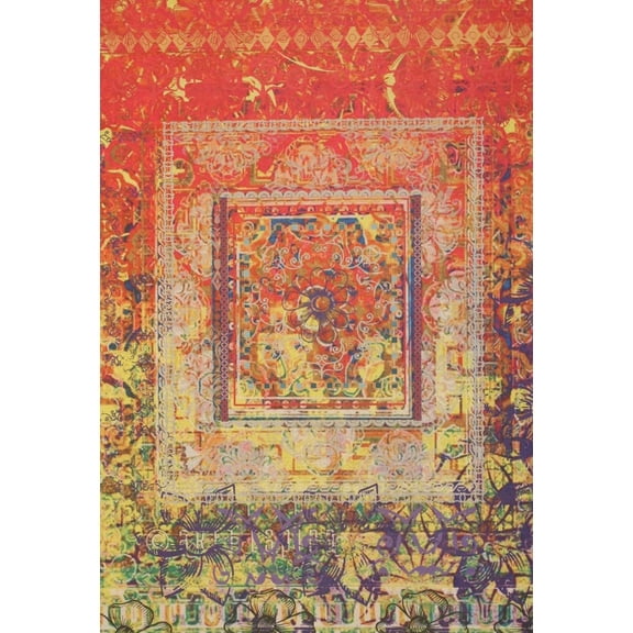 EORC Multicolored Machine-made Polyester Transitional Distressed Bohemian Moderno Rug, 4' 4 x 6' 3-Color:Yellow,Material:Polyester