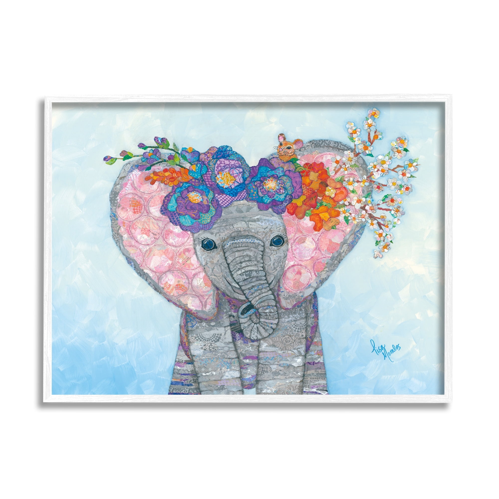 Stupell Industries Baby Elephant & Mouse Decorated Flower Blossoms Collage Painting White Framed Art Print Wall Art, Design by Lisa Morales